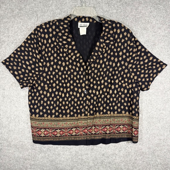 More En Focus Studio Tops - More En Focus Studio Blouse Women 16 Black Tan Vintage 90s Border Print 95277-T